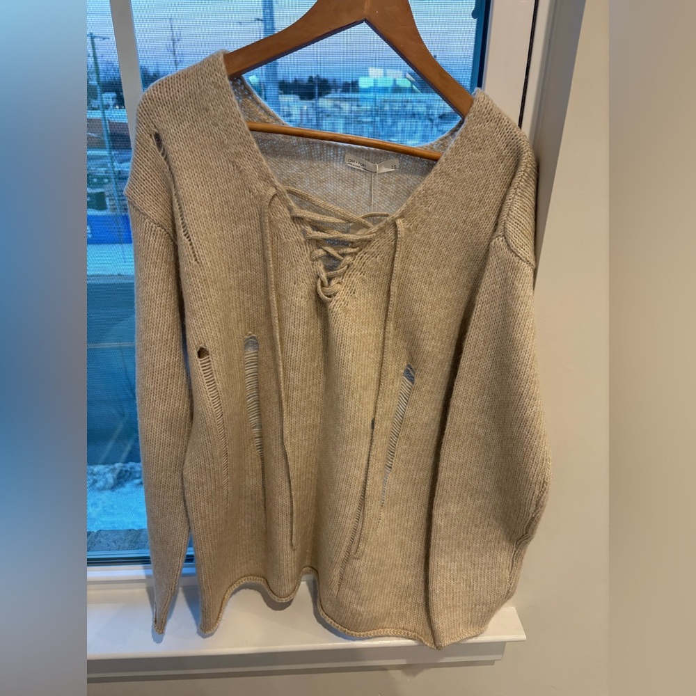 78$ NWT OAK+FORT Lace-Up Distressed Sweater | Relaxed Fit | NWT | Size S-M - Picture 11 of 15